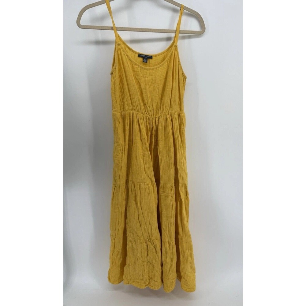 Chelsea & Theodore Maxi Sundress Crinkle Gauze Cotton Pockets Yellow Sz S Flaw